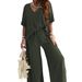 Women's V-Neck Batwing Sleeve Loungewear Set With Wide-Leg Pants & Belt – Comfortable & Stylish Casual Outfit_ecoleips.com