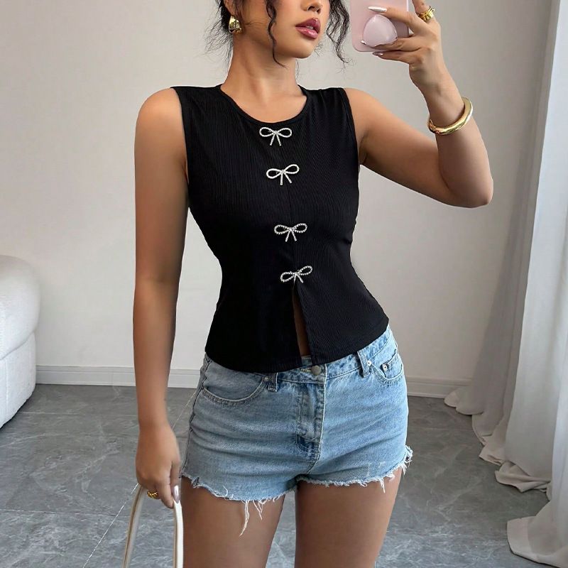 Women's Sleeveless Split Hem Blouse – Breathable Polyester Blend, Office-To-Cocktail Versatile Top With Bow Detail (Black/Nude)_ecoleips.com