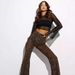 Women's High Waisted Flared Pants - Sexy Mesh Flocked Casual Trousers, Stretchy Comfort Fit, Trendy Leopard Print_ecoleips.com