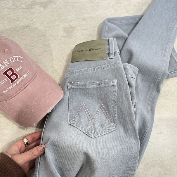 Old Money Style Cement Gray Slim Straight-Leg Jeans For Women, High-Waisted, Slimming, Versatile, Four-Way Stretch,_ecoleips.com