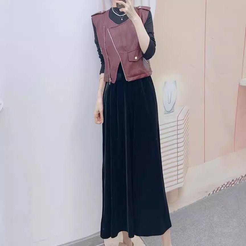 2025 Autumn New Fashion Versatile Short Zipper Vest + Long Sleeve Mid-Length Dress Two-Piece Set A18_ecoleips.com