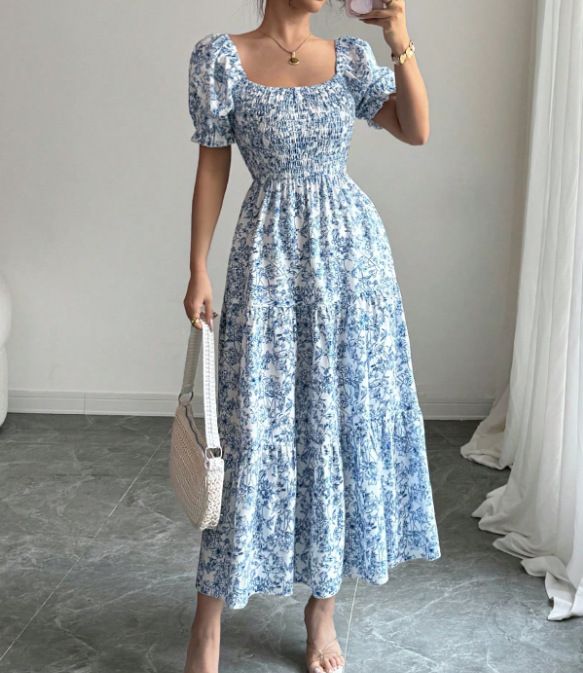 Women's Summer Elegant Sketch Print Dress Square Neck Long Puff Sleeve Loose Fit Relaxed Style_ecoleips.com