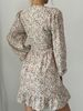 Women's Ditsy Floral Print Shirred V Neck A Line Dress, Elegant Bishop Sleeve Short Dress For Spring & Fall_ecoleips.com