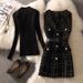 Knit Jumper Dress Set – Tweed Pinafore + Mock Neck Sweater (Black/White, S-2XL)_ecoleips.com
