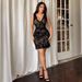 Women's Clothing Summer Women's Elegant Flocked Sand Eye Deep V Neck Sleeveless Mini Dress Ruffle Hem_ecoleips.com