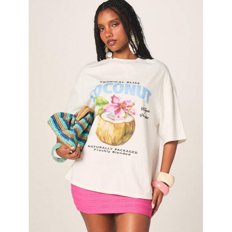 MISSGUIDED Women's Pure Cotton Graphic OV Top European Size Tropical Bliss Coconut Design_ecoleips.com