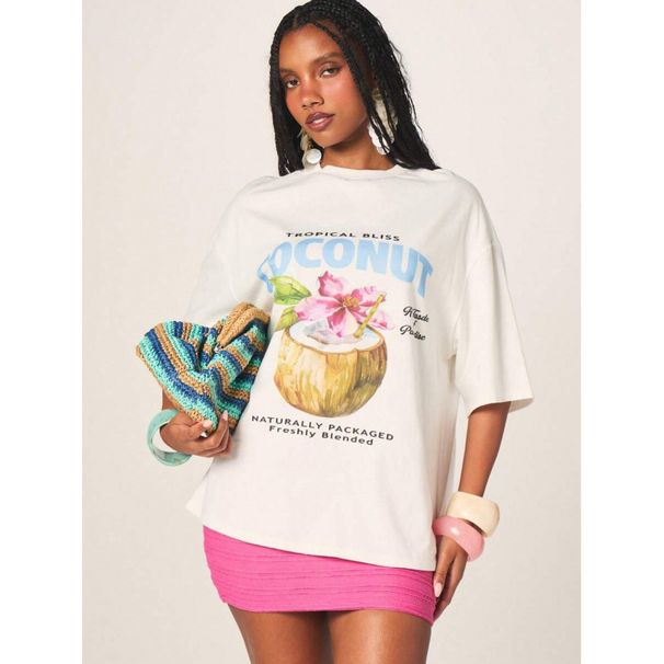 MISSGUIDED Women's Pure Cotton Graphic OV Top European Size Tropical Bliss Coconut Design_ecoleips.com