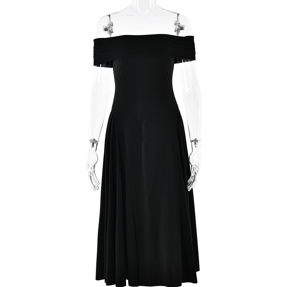 Elegant Women Solid Dress, Classic Off‑Shoulder Strapless Design, Minimalist Solid Tone, Graceful Slimming Casual Party Dress_ecoleips.com