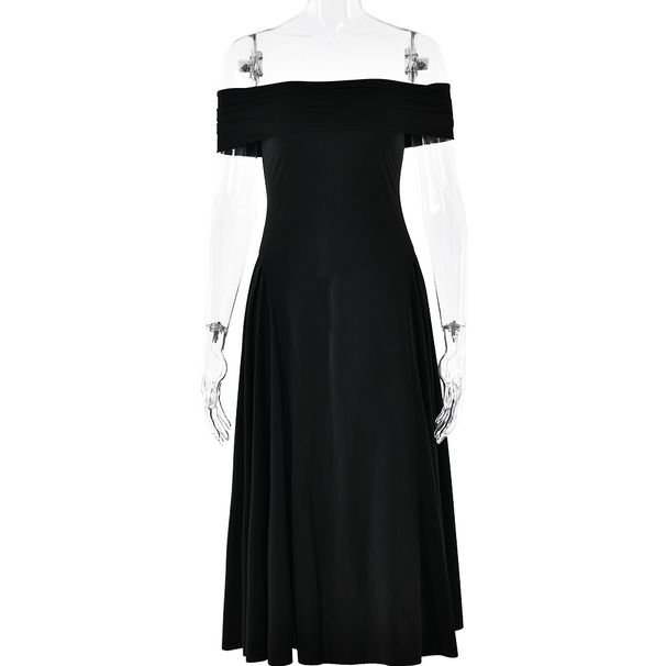 Elegant Women Solid Dress, Classic Off‑Shoulder Strapless Design, Minimalist Solid Tone, Graceful Slimming Casual Party Dress_ecoleips.com
