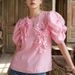 French Style 3D Floral Print Blouse Women's Short Sleeve Top Loose Fit Unique Design Chic Casual Shirt_ecoleips.com