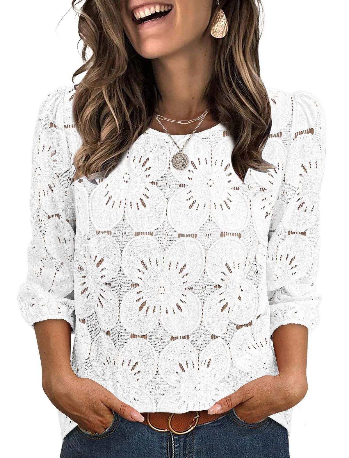 Women's Casual Lace Top Round Neck Three Quarter Sleeve Hollowed Out Spring Summer New American Style Clothing_ecoleips.com