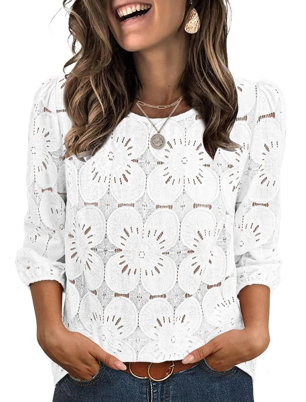 Women's Casual Lace Top Round Neck Three Quarter Sleeve Hollowed Out Spring Summer New American Style Clothing_ecoleips.com