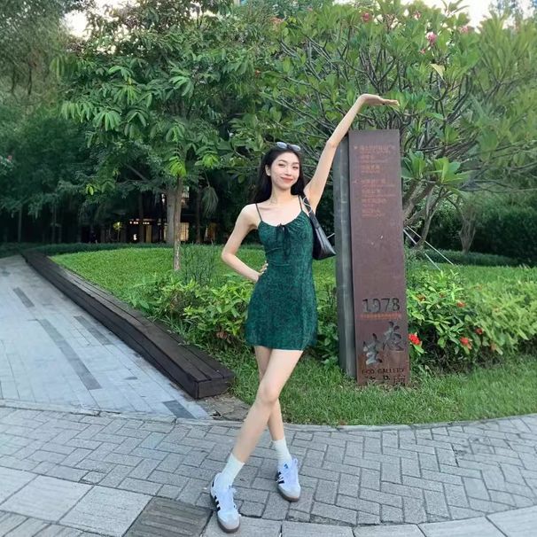 Dark Green Vintage Floral For Women Spring Summer French Style High Waist Slim Fit Sleeveless Strap Hot Girl Short Dress_ecoleips.com