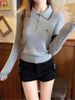 Women's Clothing Retro Knit Sweater Top With Collar & Cable Stitch - Soft & Stylish Fall Fashion In Grey, Navy, Beige & Black (One Size Fits Most)_ecoleips.com
