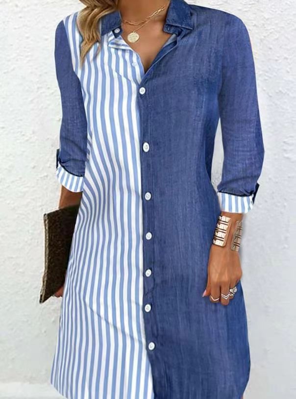 Women's Clothing Striped Color Matching Long Sleeve Comfortable Casual Buckle Mid-length Shirt_ecoleips.com