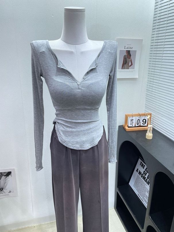 JU Women's Slim Fit Long Sleeve T-Shirt Comfortable Soft Half Open Neckline Thin Slightly Sheer Waist Cinching Sun Protective for Summer_ecoleips.com