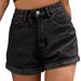Women's High-Waisted Denim Shorts Versatile Solid Color Summer Shorts From Rolled Up Bottoms_ecoleips.com