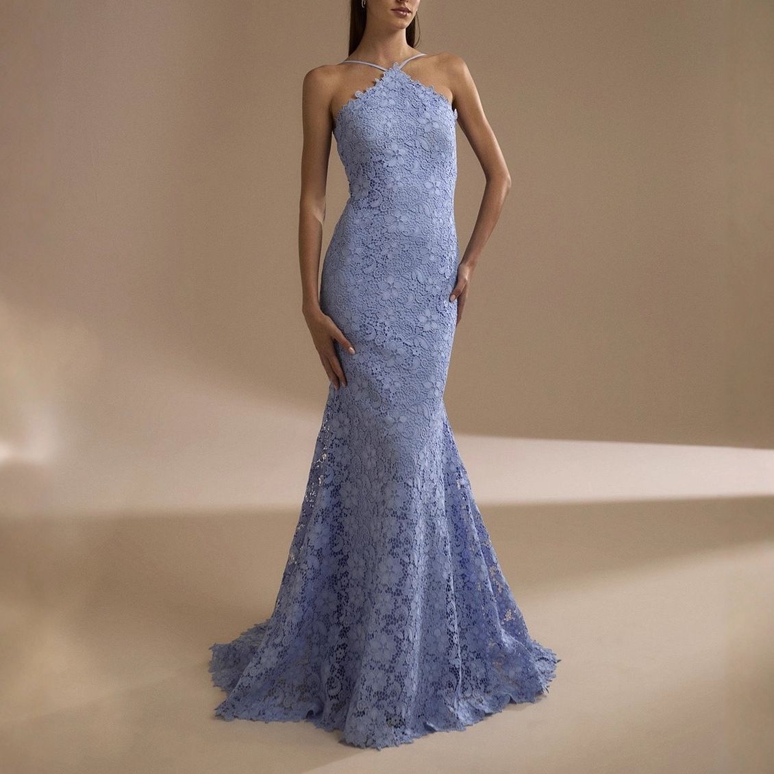 European American Women's Summer New Style Dress Halter Neck Backless Slim Fit Lace Fishtail Banquet Gown_ecoleips.com