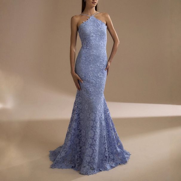 European American Women's Summer New Style Dress Halter Neck Backless Slim Fit Lace Fishtail Banquet Gown_ecoleips.com
