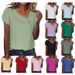 Women's Clothing Pullover V Neck Solid Color Button Top Summer Short Sleeved Loose Women's T Shirt_ecoleips.com