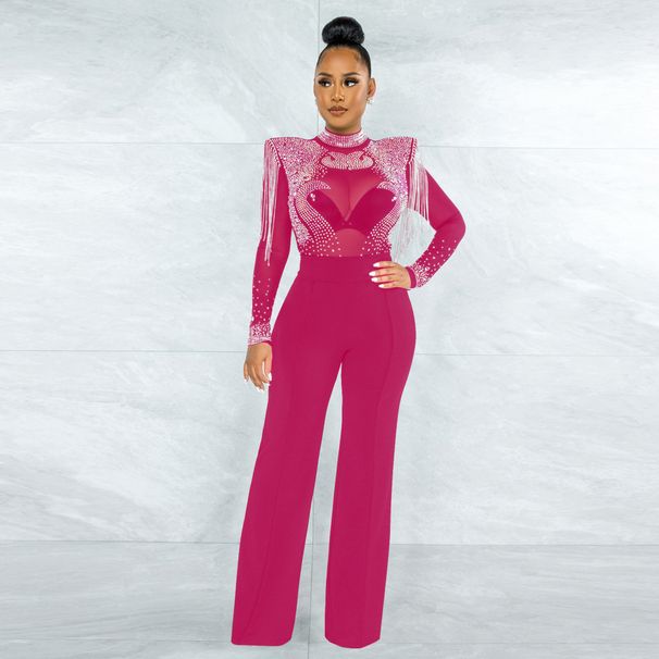 Women's Clothing Fashion Sexy Casual Slim High Collar See Through Rhinestone Tassel Jumpsuit For Women_ecoleips.com