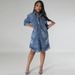 K Large Size Women's New Denim Ripped Tassel Short Sleeved Lapel Dress_ecoleips.com