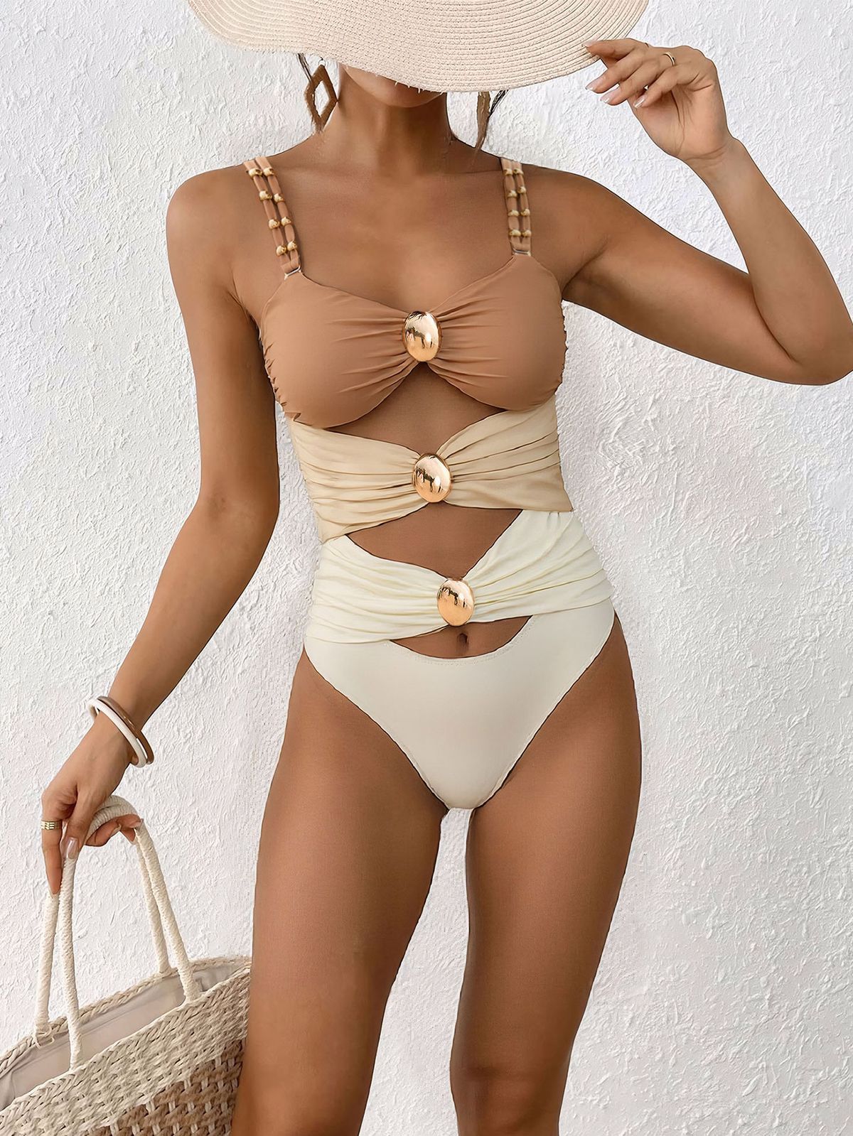 Women's Clothing Splicing Hot Style Metal Buckle Beach One Piece Swimsuit_ecoleips.com