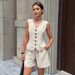 Women's Spring/Summer European American Style Commuter Mature Sleeveless Cardigan Vest Shorts Set_ecoleips.com
