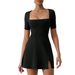 Voya Women's Sexy And Elegant Square Neck Design With A Split Hem And Waist A-line Dress_ecoleips.com