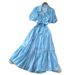 Women's French Style Soft Pink Lantern Sleeve Dress Romantic Summer Tie Waist A-Line Skirt Slimming Commuting Dress_ecoleips.com