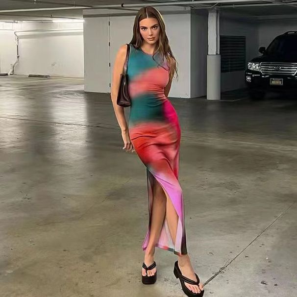 Stylish Printed Split Hem Sleeveless Tank Dress For Summer Vacation_ecoleips.com