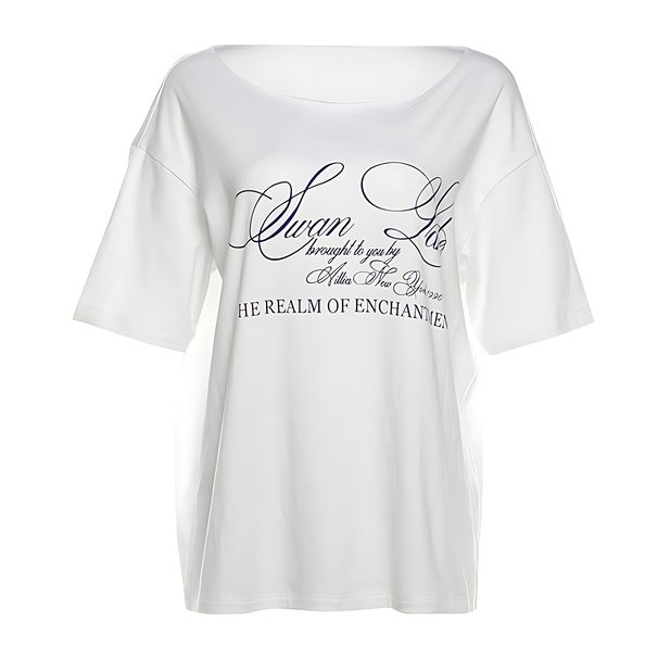 Summer Women's Off-Shoulder T-Shirt Letter Print American Street Style Loose Fit Short Sleeve Top_ecoleips.com