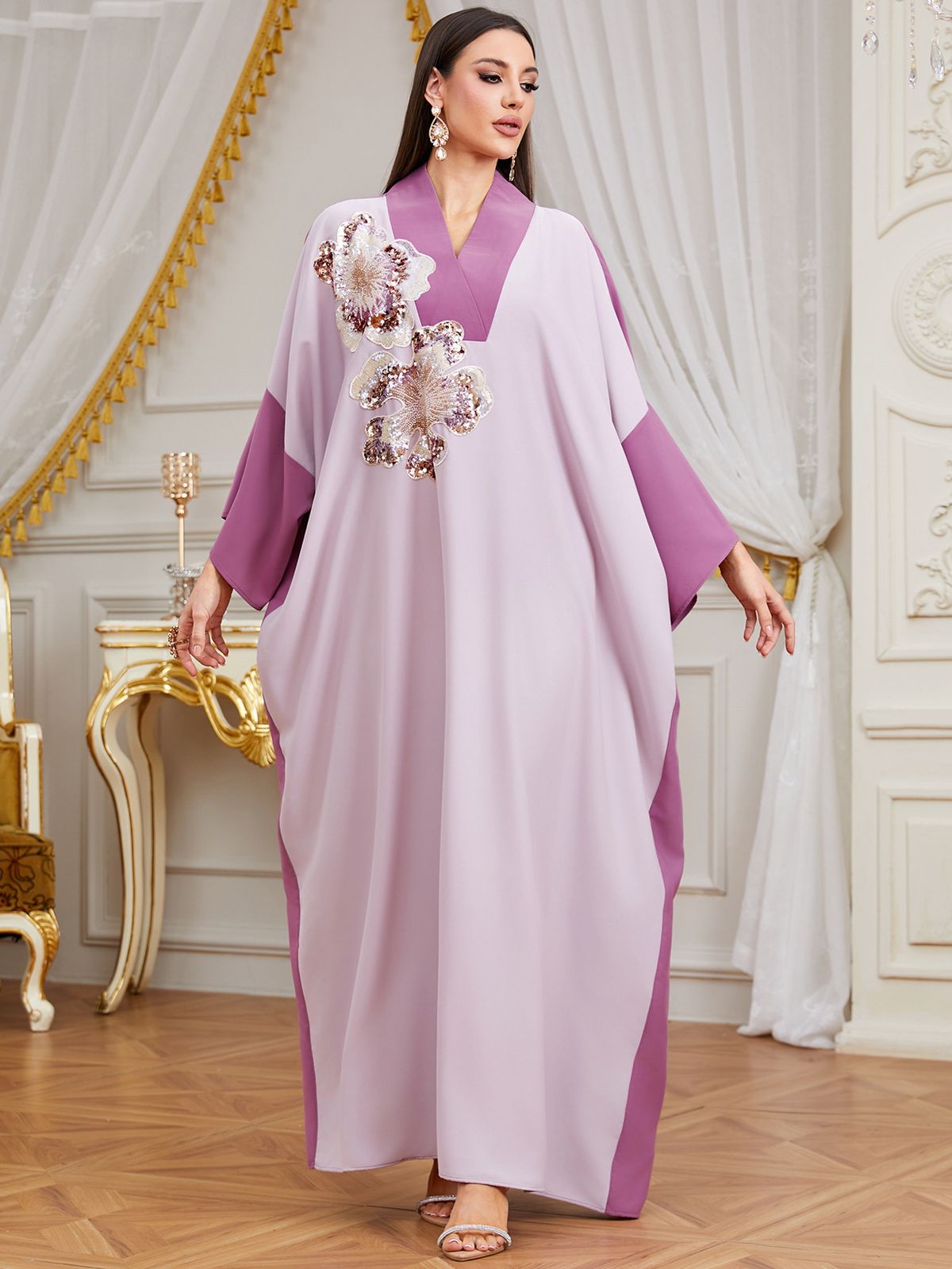 Women's Long Robe Dress Color Blocking Embroidery V Neck Loose Fit Muslim Fashion Cross Border Style_ecoleips.com