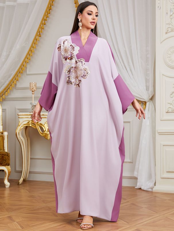 Women's Long Robe Dress Color Blocking Embroidery V Neck Loose Fit Muslim Fashion Cross Border Style_ecoleips.com