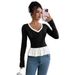 Voya Women's Spring/Summer Color Match Splicing Two Piece Lace Long Sleeve Top Design Sense Slim Fit Round Neck Bottom T-shirt_ecoleips.com