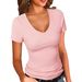 Summer New Arrival Women's Slim Fit T-Shirt Sexy V Neck Short Sleeve Solid Color European American Style Top for Casual Wear_ecoleips.com
