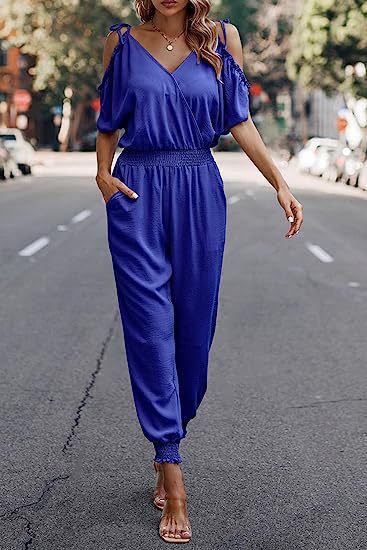 Women's Clothing New V Neck Off Shoulder Casual Comfortable Jumpsuit Basic Style_ecoleips.com