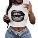Y2k Lip & Gold Teeth Print Women's Short Sleeve T-Shirt - Streetwear Fashion, Slim Fit, Cropped Tee, Summer Casual Top (White)_ecoleips.com