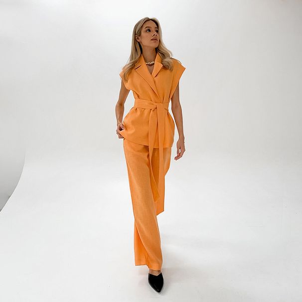 Women's Clothing Versatile vitality orange cotton and linen commuting street style sleeveless lace-up vest wide-leg pants suit_ecoleips.com