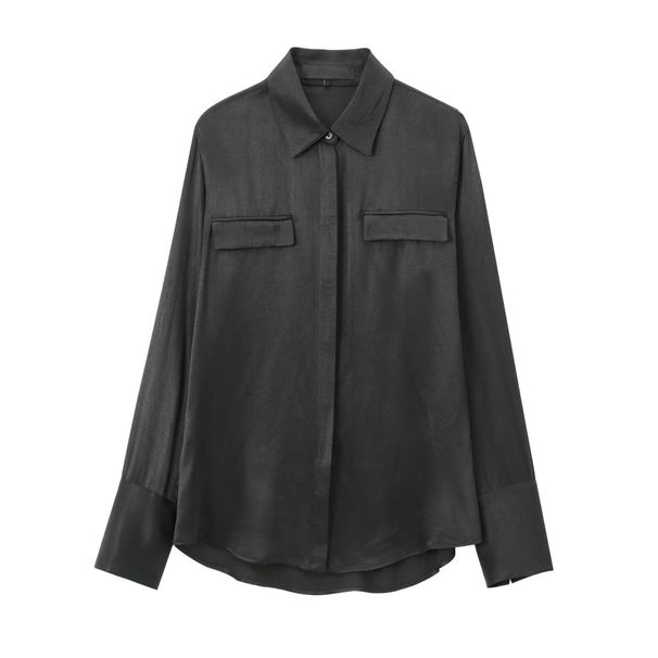 Women's Clothing Pocket Decoration Satin Texture Shirt Women's Clothing New Fashion Versatile Casual Long Sleeve_ecoleips.com