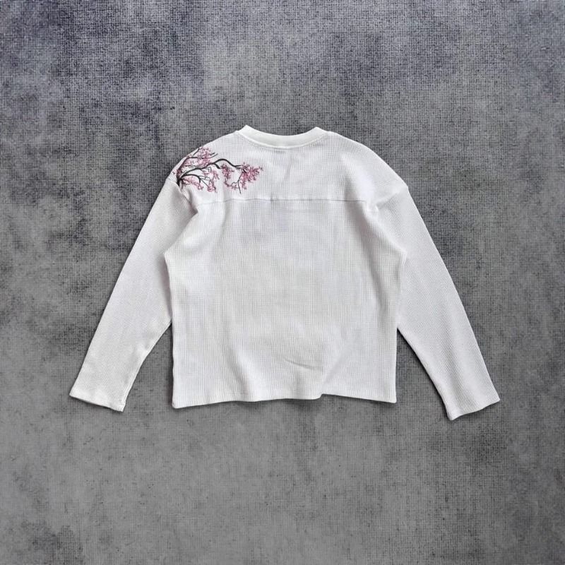 Deeptown White Cherry Blossom Embroidery Man Women T-Shirts Long Sleeve Oversized Waffle Tees Basic Harajuku Casual Streetwear_ecoleips.com