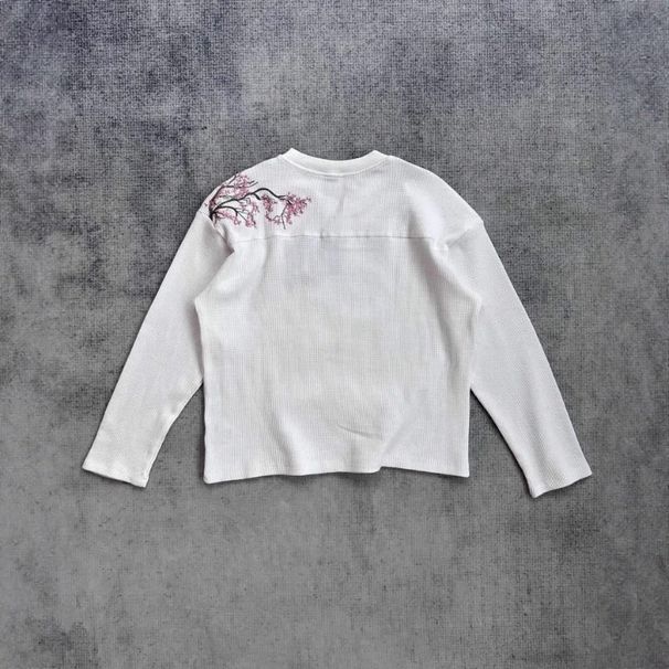 Deeptown White Cherry Blossom Embroidery Man Women T-Shirts Long Sleeve Oversized Waffle Tees Basic Harajuku Casual Streetwear_ecoleips.com