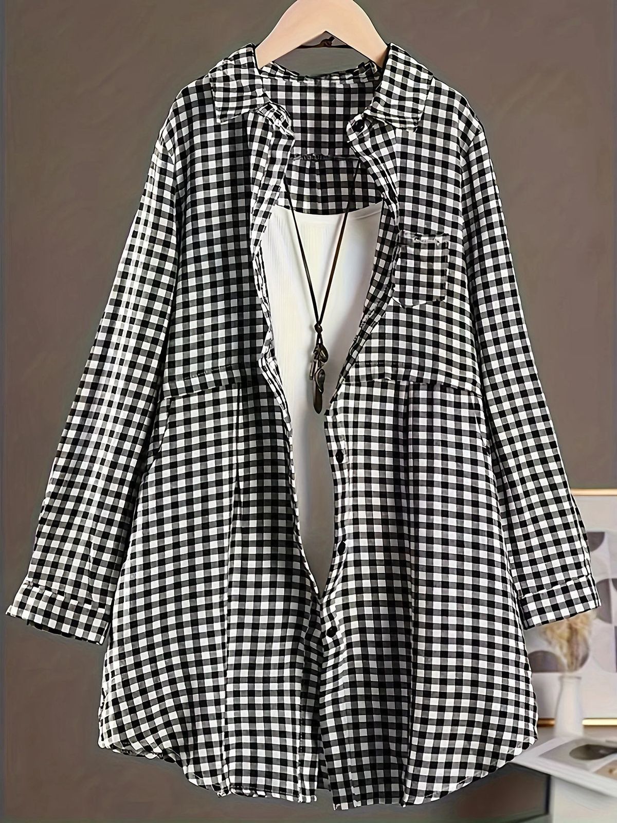 Korean Style Loose Oversized Shirt Women's Spring And Autumn Plaid Shirt Versatile Fashion Mid-Length Long Sleeve Top_ecoleips.com