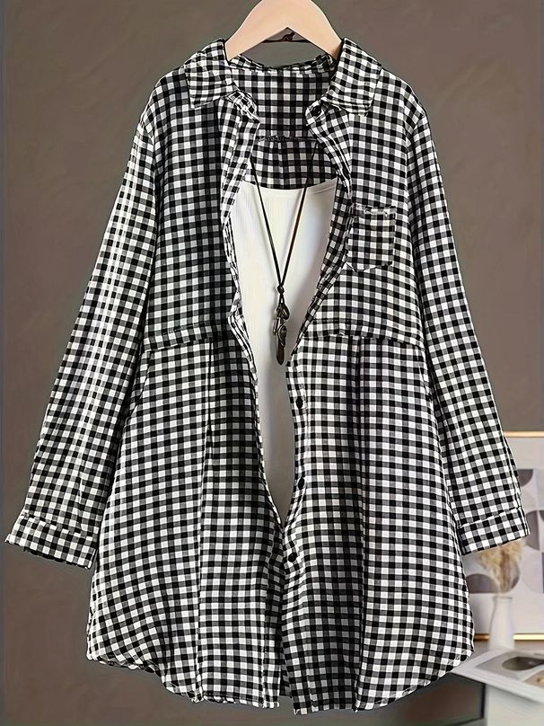 Korean Style Loose Oversized Shirt Women's Spring And Autumn Plaid Shirt Versatile Fashion Mid-Length Long Sleeve Top_ecoleips.com