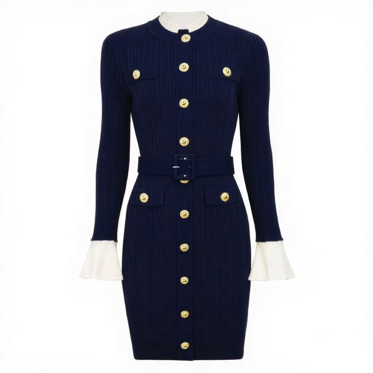 Spring Autumn New Style Women's Long Sleeved Round Neck Knitted Dress With Belt Versatile Slimming Flattering Short Dress_ecoleips.com