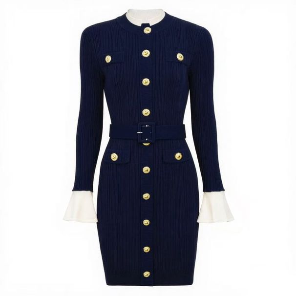 Spring Autumn New Style Women's Long Sleeved Round Neck Knitted Dress With Belt Versatile Slimming Flattering Short Dress_ecoleips.com