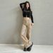 Khaki Large-pocket Workwear Jeans Women, Autumn And Winter, Loose, Floor-length, Casual, Stretchy Flared Pants,_ecoleips.com