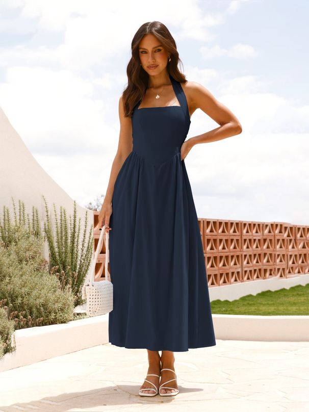 Elegant Square Neck Backless Halter Bodycon Dress For Women, Solid Color Midaxi Dress With Waist Definition_ecoleips.com