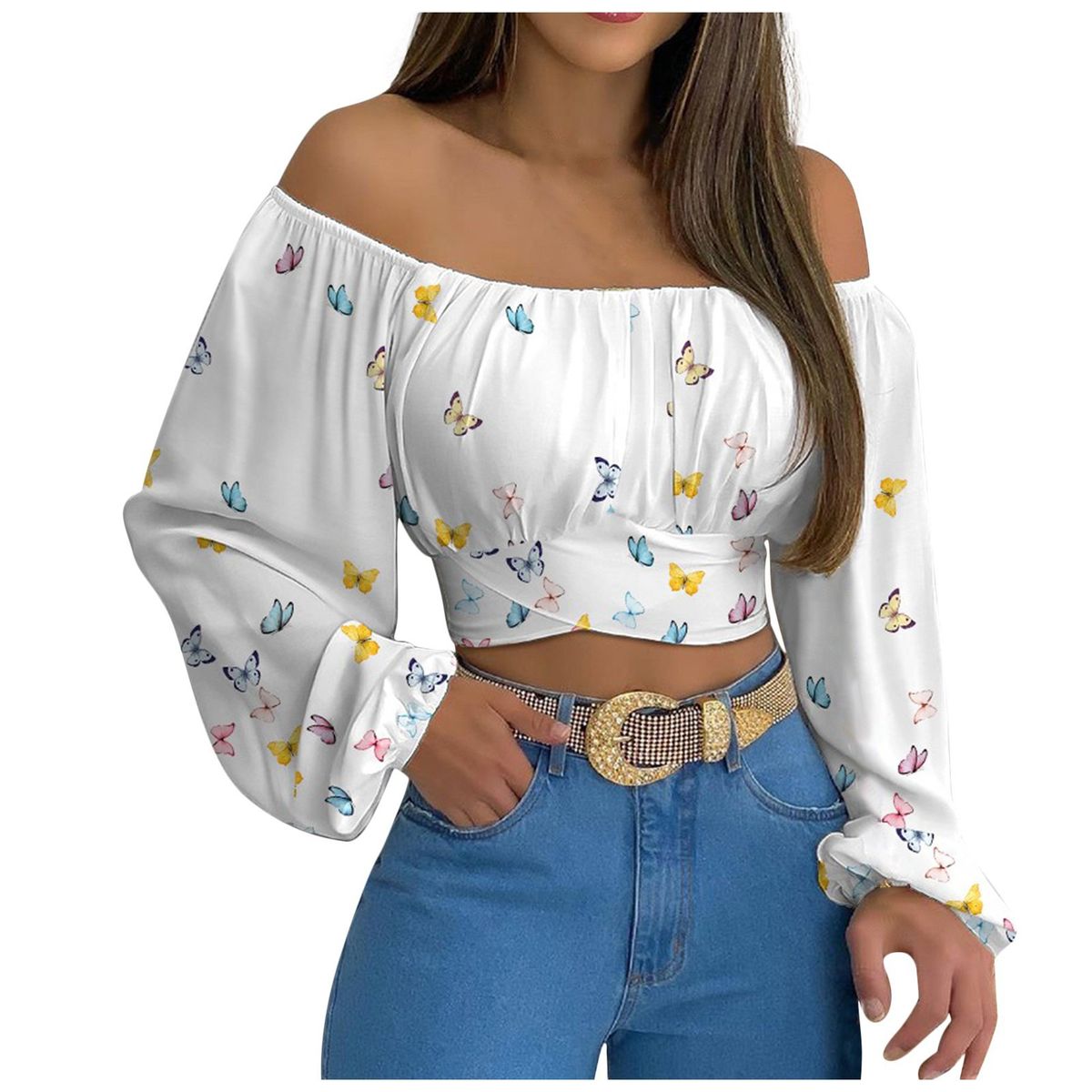 Women's Clothing Spring Summer Women's Off Shoulder Long Sleeve Cross Strap Top Style For Formal & Casual For Women_ecoleips.com