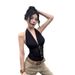 Spicy Girl Halter Neck Black Camisole For Women, Summer Low V-Neck Sleeveless Backless Inner Wear Mesh Short Top_ecoleips.com